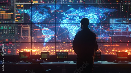 Wallpaper Mural Silhouette of a person in a high-tech control room with a world map and futuristic digital interface on large screens. Media Decor Torontodigital.ca