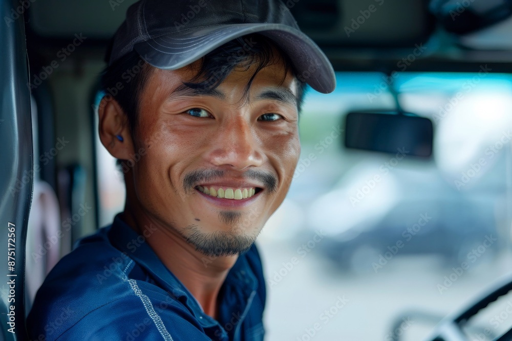 A person smiling warmly while seated in the driver's seat of a vehicle, capturing a moment of calm and contentment, reflecting a restful attitude and a connection with his environment. A person smiling warmly while seated in the driver's seat of a vehicle, capturing a moment of calm and contentment, reflecting a restful attitude and a connection with his environment.