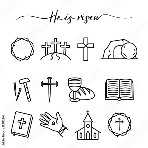 Religion icons set. He is risen icons set. Line icon.