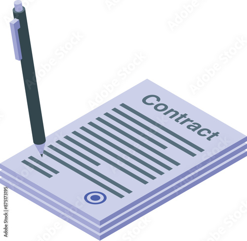 This isometric illustration depicts a pen signing a contract document, signifying agreement and legalization