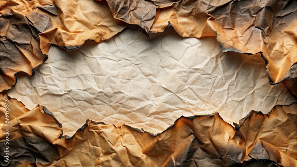 Crumpled paper with charred edges , burnt, damaged, crumpled, texture, paper, background, isolated, distressed, vintage Crumpled paper with charred edges , burnt, damaged, crumpled, texture, paper, background, isolated, distressed, vintage