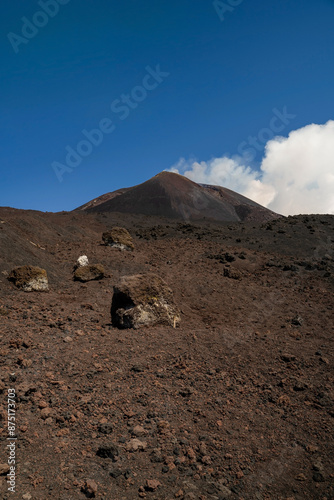 Obraz na płótnie Mount Etna, Sicily - Tallest active volcano of Europe 3329 m in Italy. wide view of the active volcano Etna, extinct craters on the slope, traces of volcanic activity. w salonie