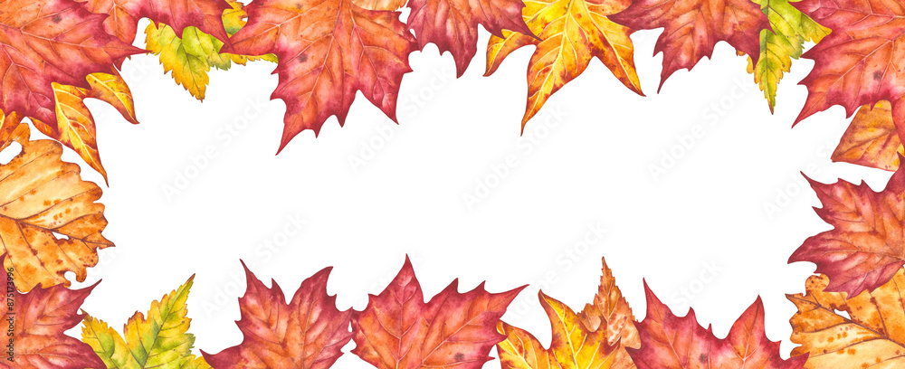 Fototapeta premium Hand drawn watercolor illustration. Frame of various autumn leaves painted in watercolor. Colorful illustration of autumn leaves for birthday, wedding, thanksgiving, holidays. Any creative designs.