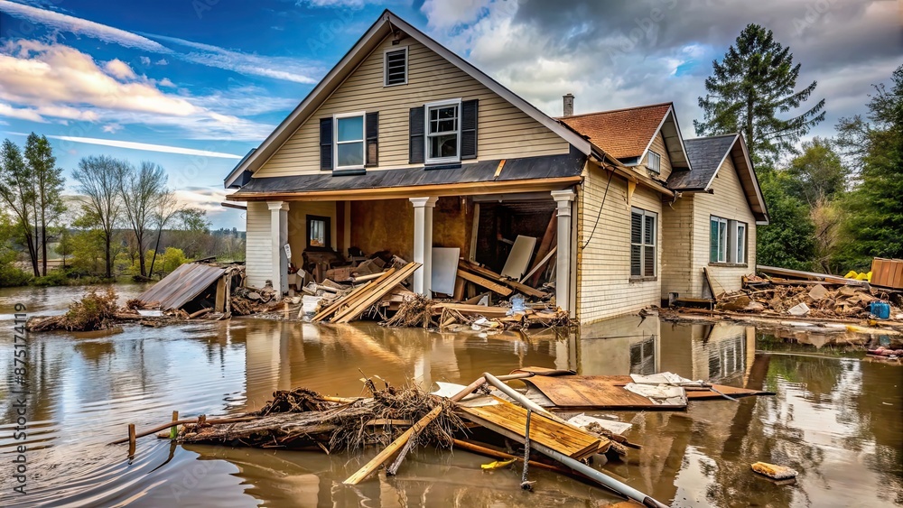 Destroyed house after a flood with debris and water damage, flood, disaster, damage, destruction, ruined, house