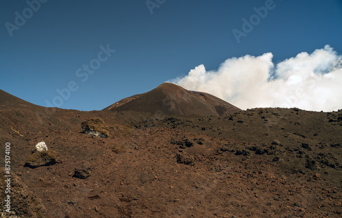 Obraz na płótnie Mount Etna, Sicily - Tallest active volcano of Europe 3329 m in Italy. Panoramic wide view of the active volcano Etna, extinct craters on the slope, traces of volcanic activity. w salonie