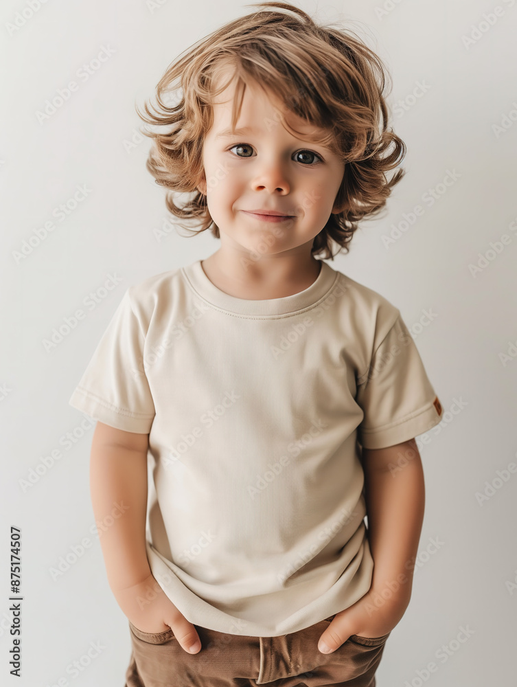 Smiling Boy in White Short Sleeve Round Neck T-Shirt Mockup in Cozy Living Room Smiling Boy in White Short Sleeve Round Neck T-Shirt Mockup in Cozy Living Room