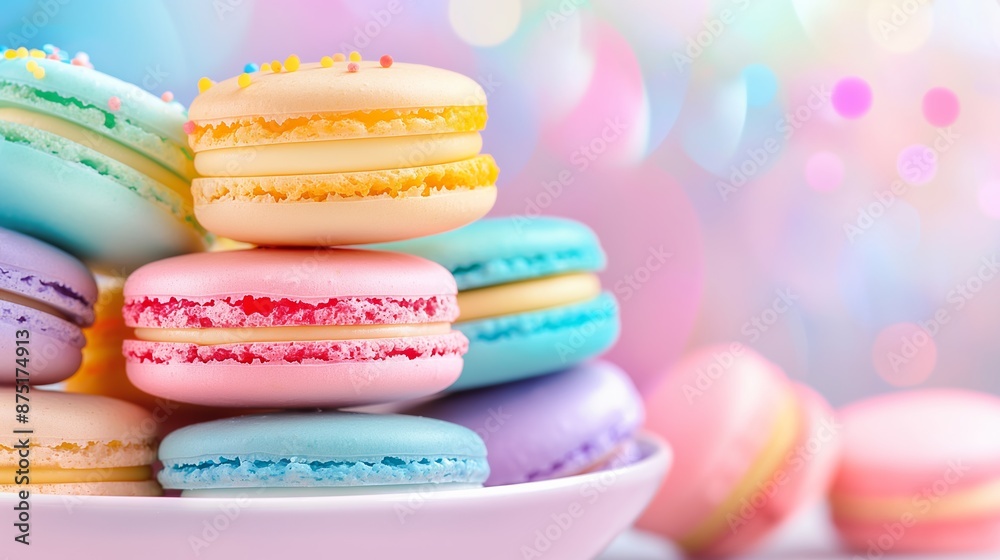 A plate of colorful macarons stacked on top of each other. The plate is white and the macarons are pink, yellow, and blue. Concept of abundance and variety, as there are many different colors A plate of colorful macarons stacked on top of each other. The plate is white and the macarons are pink, yellow, and blue. Concept of abundance and variety, as there are many different colors
