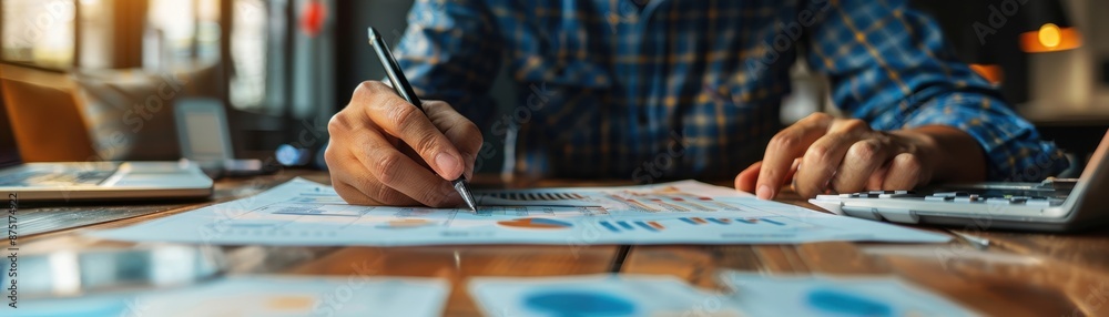 Close-up of a person analyzing financial and market data charts with a pen and calculator at a wooden desk in an office setting. Close-up of a person analyzing financial and market data charts with a pen and calculator at a wooden desk in an office setting.