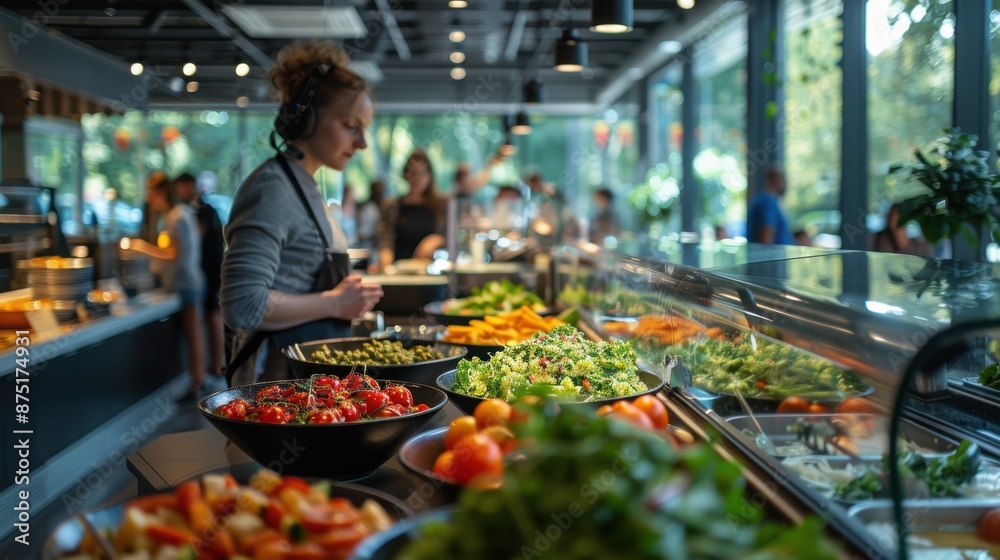 Chef preparing fresh salads and vegetables at a vibrant modern food buffet in a sunlit restaurant with green outdoor views. Chef preparing fresh salads and vegetables at a vibrant modern food buffet in a sunlit restaurant with green outdoor views.