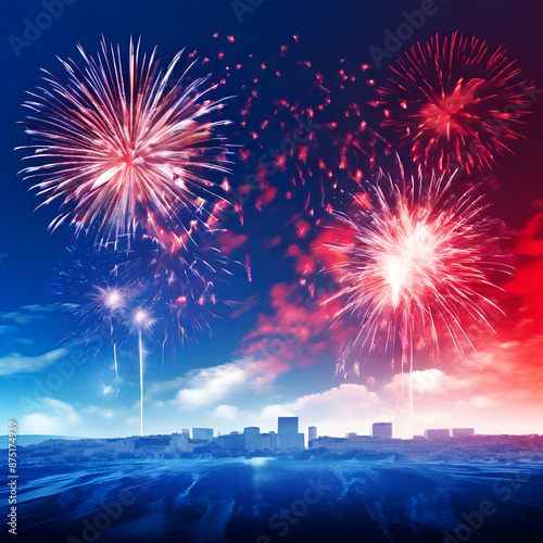 Blue white and red fireworks panoramic background photo