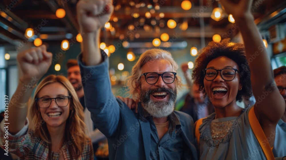 Joyful group of diverse people celebrating success, raising hands in a modern, warmly lit environment. Joyful group of diverse people celebrating success, raising hands in a modern, warmly lit environment.