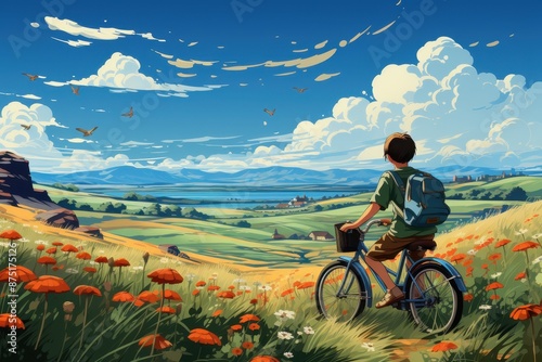 Boy on a bicycle enjoying the scenic view of a valley with a lake and mountains in the distance