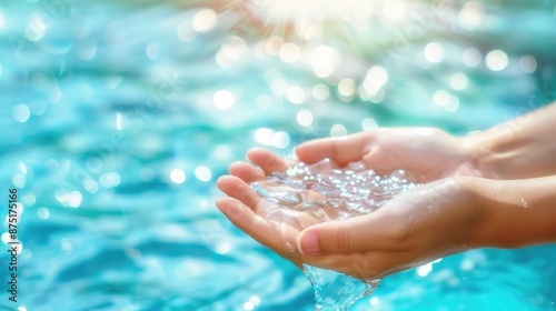 Woman female human hands on blurred wavy clean water background: Saving water clean natural environment ocean concept/ campaign: Love earth, save water conceptual idea