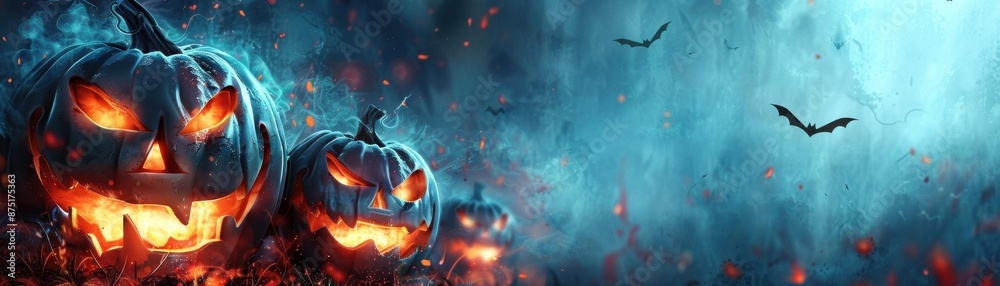 Spooky Halloween scene with glowing jack-o'-lanterns and flying bats in a foggy, eerie atmosphere. Perfect for festive or horror-themed designs. Spooky Halloween scene with glowing jack-o'-lanterns and flying bats in a foggy, eerie atmosphere. Perfect for festive or horror-themed designs.