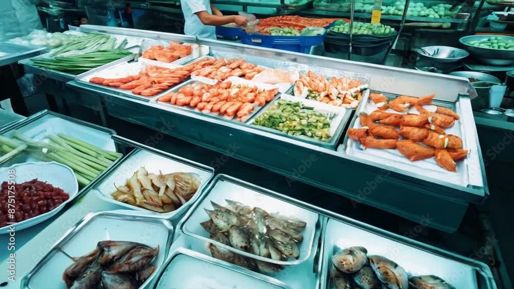 High angle view of owner fish while colleague working in market 