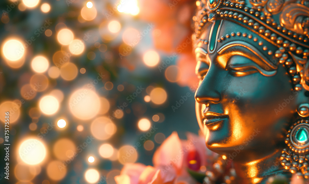 Statue of Lord Krishna adorned with flowers and jewelry, with bokeh lights in the background. Krishna Janmashtami and Hindu festival concept. Banner with copy space. Statue of Lord Krishna adorned with flowers and jewelry, with bokeh lights in the background. Krishna Janmashtami and Hindu festival concept. Banner with copy space.