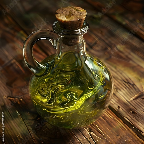 Glistening Green Olive Oil Extract Flowing Gracefully in a Glass Container with Swirling Golden Hues photo