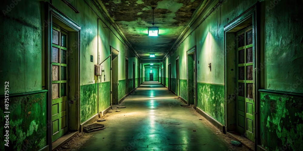 Dimly lit abandoned hallway with a greenish hue creating a haunting sense of mystery and isolation, eerie, corridor Dimly lit abandoned hallway with a greenish hue creating a haunting sense of mystery and isolation, eerie, corridor
