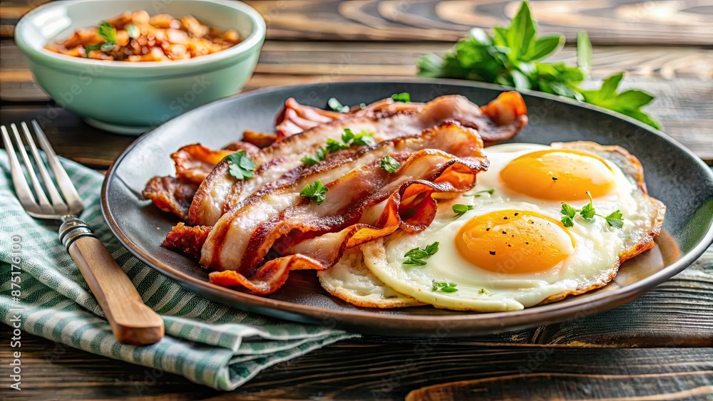 Delicious breakfast of crispy bacon strips and sunny-side-up eggs , breakfast, food, morning, protein, savory, classic, meal Delicious breakfast of crispy bacon strips and sunny-side-up eggs , breakfast, food, morning, protein, savory, classic, meal
