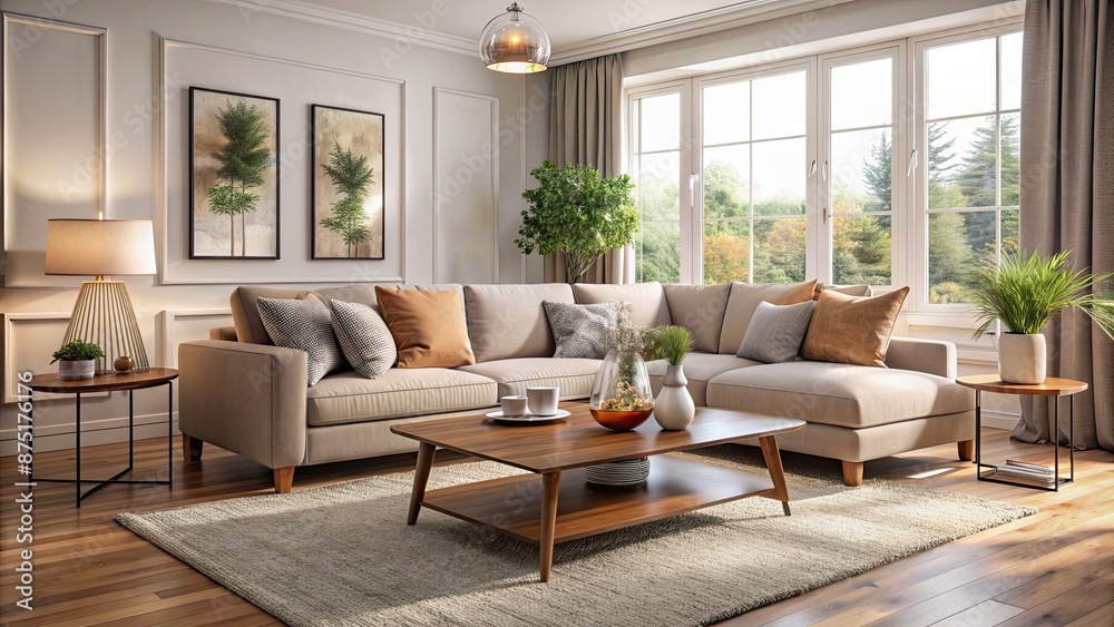 Fototapeta premium Cozy living room with a comfortable sofa, elegant coffee table, and soft rug, cozy, living room, interior design, sofa, coffee table