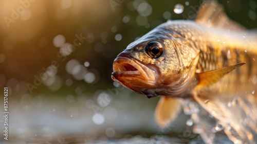 This image captures a close-up view of a fish leaping out of the water, highlighting its vibrant scales and the dynamic splash created by its movement.