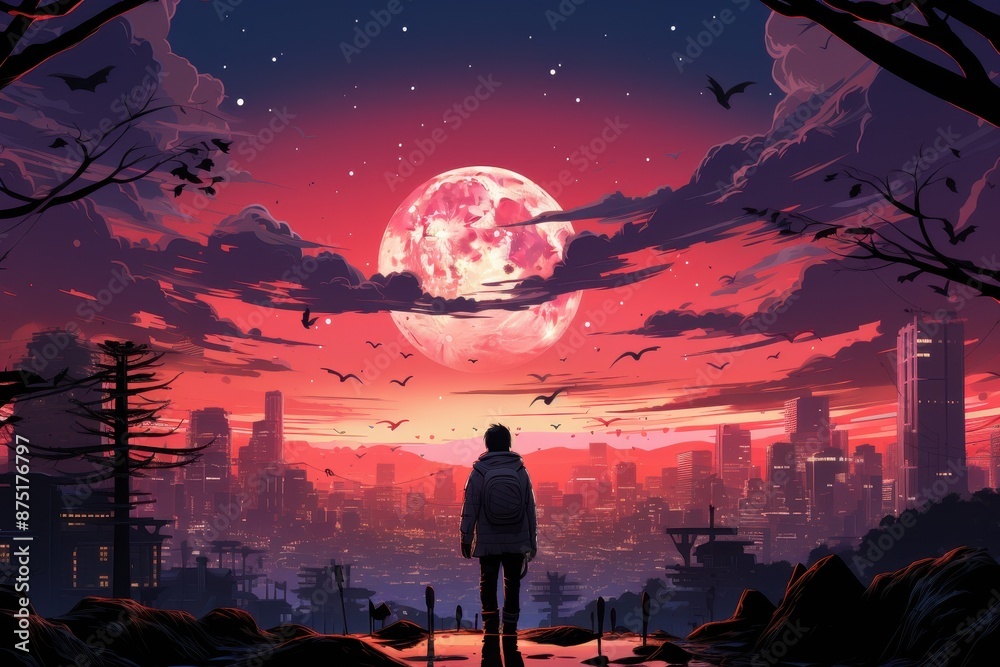 Naklejka premium Boy standing on a rooftop overlooking a city with a large red moon in the background