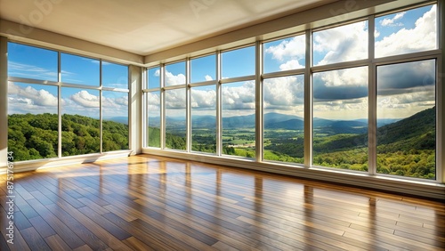 Empty room with a large window overlooking a scenic view, minimalist, interior design, sunlight, open space, tranquil © Sujid