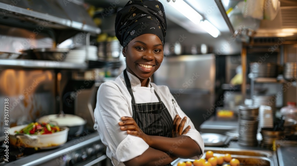Smiling Female Chef with Arms Crossed Standing in a Restaurant Kitchen Smiling Female Chef with Arms Crossed Standing in a Restaurant Kitchen