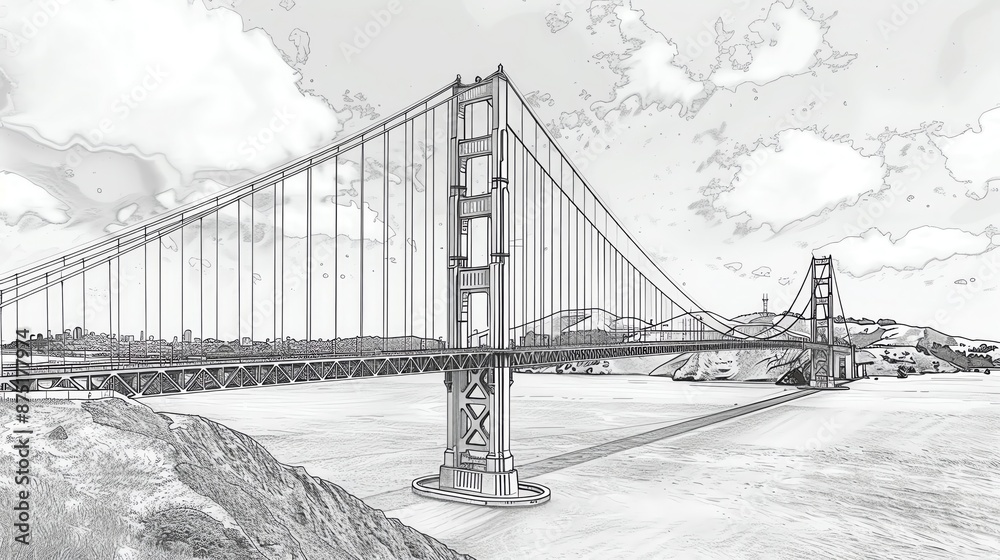 Create a coloring book page of the Golden Gate Bridge with lots of copy space Create a coloring book page of the Golden Gate Bridge with lots of copy space