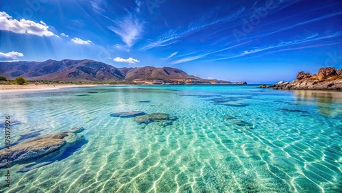 Fototapeta Naklejka Na Ścianę i Meble -  Crystal clear sea water and blue sky at Elafonisi beach in Crete, Greece, Elafonisi, beach, Crete, Greece