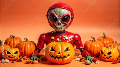 Alien in a red spacesuit carving a pumpkin for Halloween photo