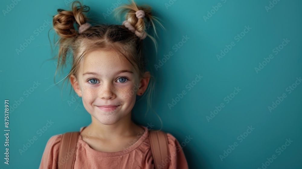 A smiling girl with braided hair and a backpack stands against a teal wall, exuding youthful exuberance and excitement, ready for a new day at school. A smiling girl with braided hair and a backpack stands against a teal wall, exuding youthful exuberance and excitement, ready for a new day at school.