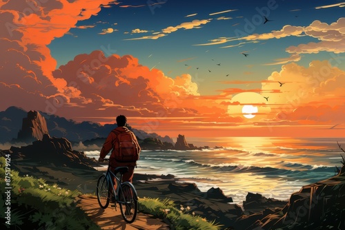 Solitary Cyclist Watches the Sunset Over the Sea