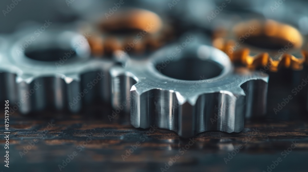 A detailed close-up image of metal gears placed on a rustic wooden surface, showcasing intricate mechanical components and highlighting the industrial aesthetic. A detailed close-up image of metal gears placed on a rustic wooden surface, showcasing intricate mechanical components and highlighting the industrial aesthetic.