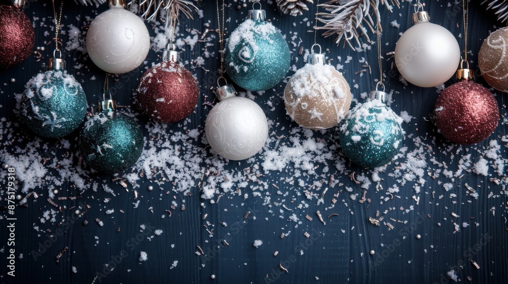 Various Christmas baubles in different colors and designs are scattered on a snowy background, creating a festive and cheerful atmosphere perfect for the holiday season decor.