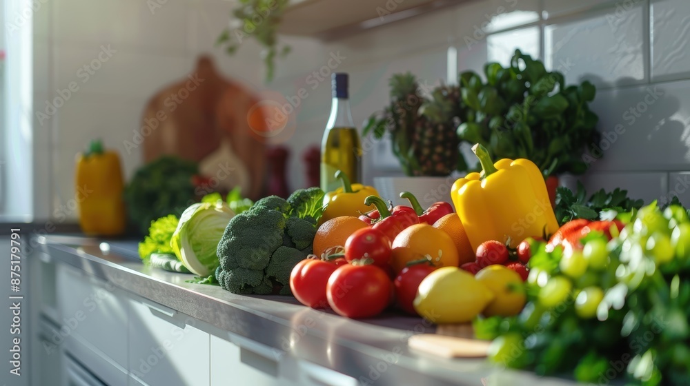 Vibrant and colorful produce overflowing in a modern kitchen bathed in warm sunlight. This image evokes healthy living and eating Vibrant and colorful produce overflowing in a modern kitchen bathed in warm sunlight. This image evokes healthy living and eating