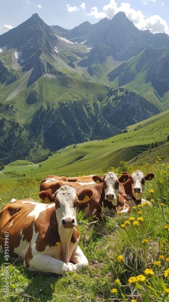 Naklejka premium Cows Resting in Alpine Meadow
