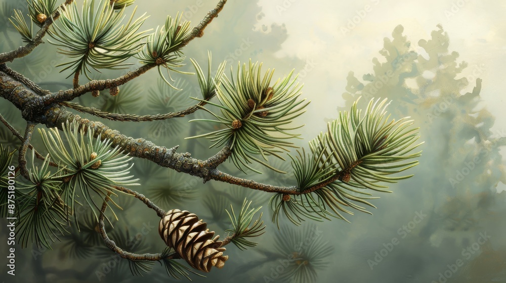 Cone and Branches of Pine. An enlargement of a verdant branch and pine cone. Generative AI Cone and Branches of Pine. An enlargement of a verdant branch and pine cone. Generative AI