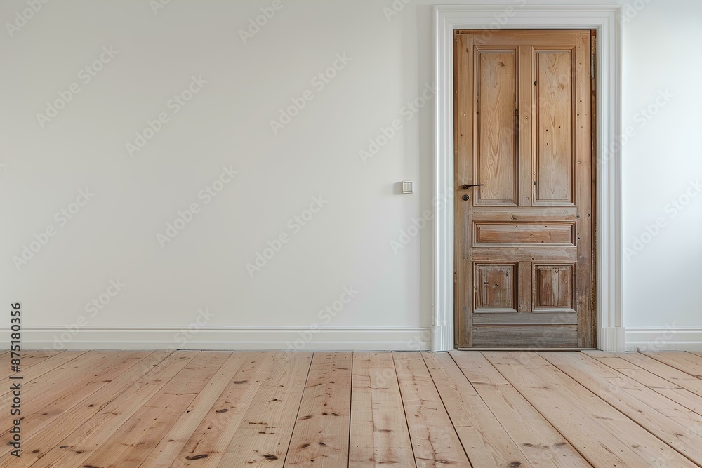 Empty room with wooden door on a white wall background, a mockup for interior design and decoration. A realistic photo of a modern home or office empty space. A Scandinavian minimalism concept Empty room with wooden door on a white wall background, a mockup for interior design and decoration. A realistic photo of a modern home or office empty space. A Scandinavian minimalism concept