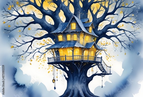 Magical treehouse on a large tree, colorful forest, lightsm lanterns, pendant shiny srystals from the branches photo