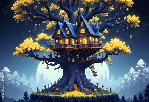 Magical treehouse on a large tree, colorful forest, lightsm lanterns, pendant shiny srystals from the branches photo