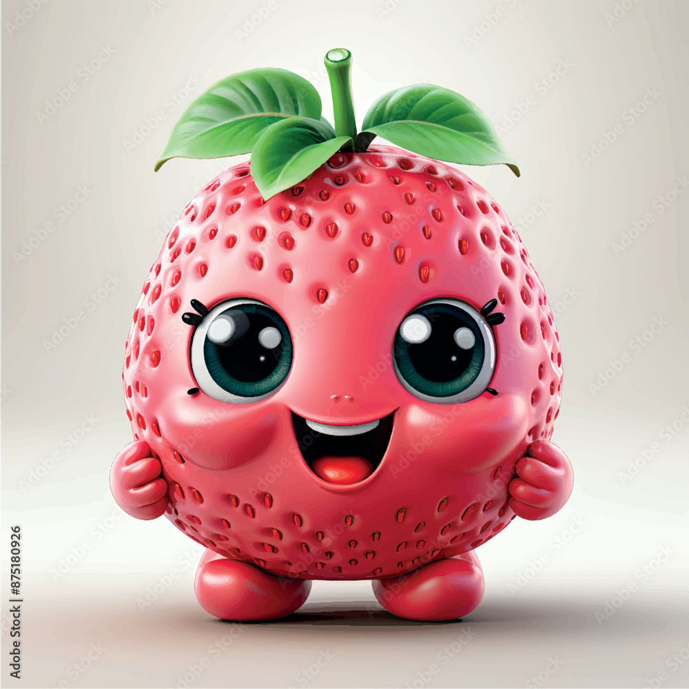 Fototapeta premium Stylized 3D illustration of a friendly cartoon character strawberry. Cute 3D art strawberry character print on clothes, stationery, books, children's products, printing on juice and yogurt packaging.