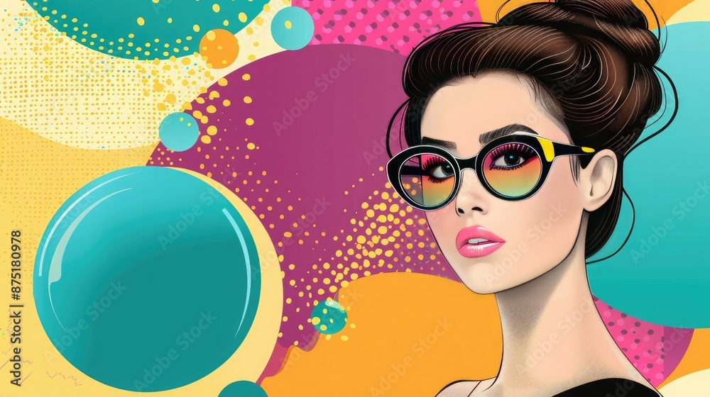 Trendy illustration of a stylish woman with sunglasses, vibrant abstract background in pop art style. Fashion, modern, and colorful design.