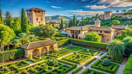 Gardens of the Alhambra in Granada, Spain, featuring intricate Islamic architecture and lush greenery, Alhambra