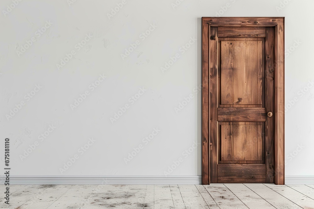 Empty room with wooden door on a white wall background, a mockup for interior design and decoration. A realistic photo of a modern home or office empty space. A Scandinavian minimalism concept Empty room with wooden door on a white wall background, a mockup for interior design and decoration. A realistic photo of a modern home or office empty space. A Scandinavian minimalism concept