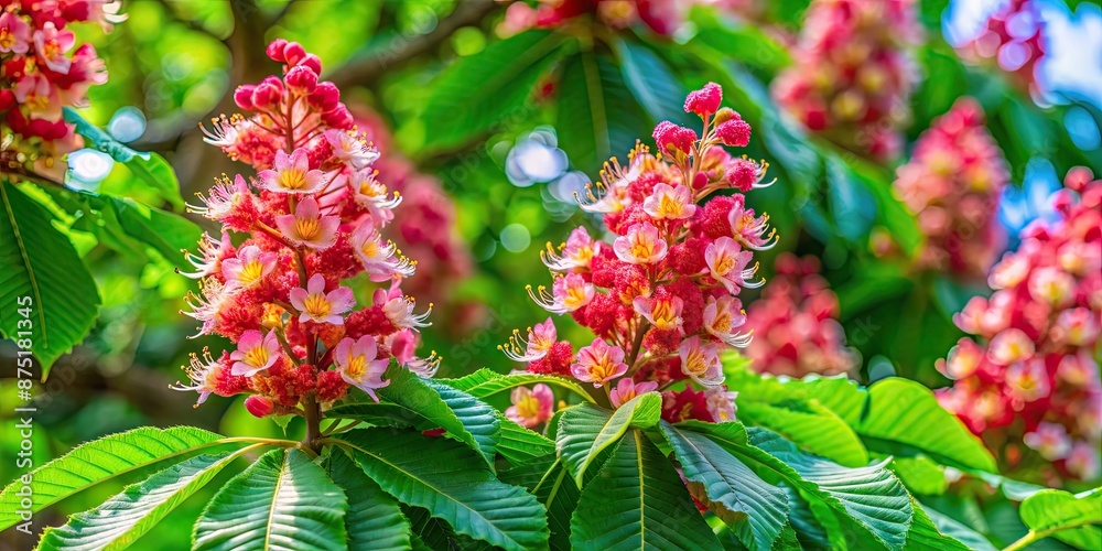 Flowering red horse chestnut tree with vibrant inflorescences, spring, nature, blossoms, red, botanical, garden, blooming Flowering red horse chestnut tree with vibrant inflorescences, spring, nature, blossoms, red, botanical, garden, blooming