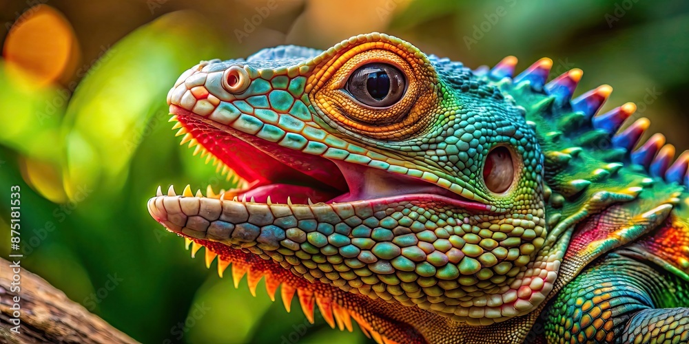Obraz premium Colorful lizard with sharp teeth, lizard, colorful, reptile, teeth, sharp, exotic, animal, wildlife, vibrant, scales