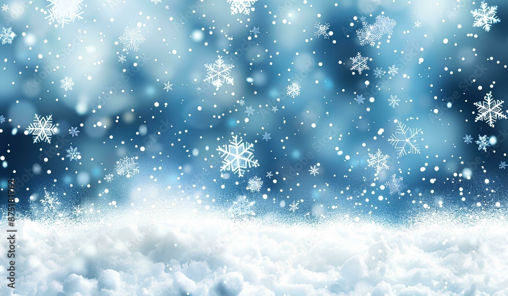 Abstract snow background with falling snowflakes and bokeh lights. Winter blizzard with light blue gradient sky. Christmas holiday Abstract snow background with falling snowflakes and bokeh lights. Winter blizzard with light blue gradient sky. Christmas holiday
