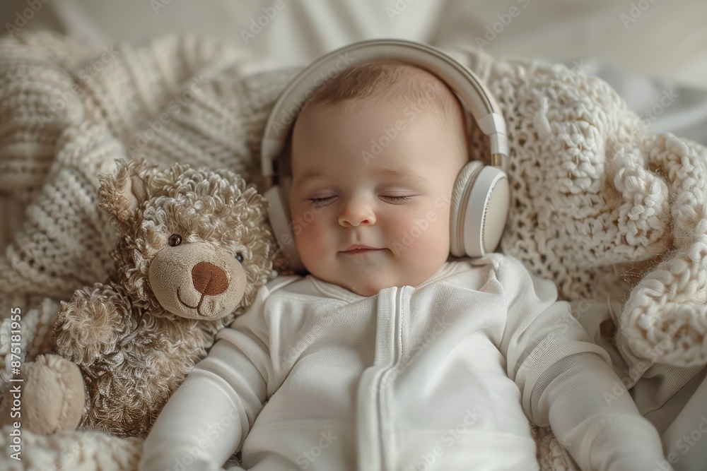 Baby Sleeping with Headphones and Teddy Bear Baby Sleeping with Headphones and Teddy Bear