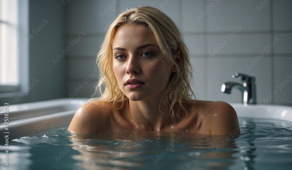 Blonde woman relaxing in a bathtub filled with water Blonde woman relaxing in a bathtub filled with water